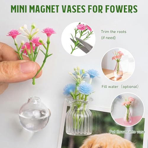 8PCS Mini Glass Vase Refrigerator Magnets with Artificial Flowers, Cute Tiny Flower Fridge Magnets for Refrigerator Office and Kitchen Cabinet Decoration