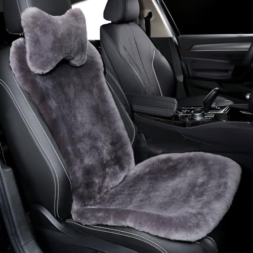 OGLAND Natural Fur Sheepskin Universal car seat Covers for seat Cushion Auto Accessories, 1 Front Seat(3 Pack Front, Graphite) - color: Graphite