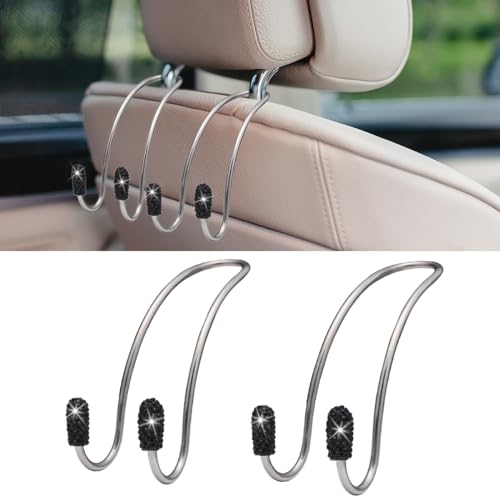 2PCS Car Headrest Hook Hangers, Bling Stainless Steel Car Backseat Holder, Strong Car Headrest Storage Hooks, Universal Car Organizers Accessories for Coats Umbrellas Grocery Handbags (Black) - color: Black