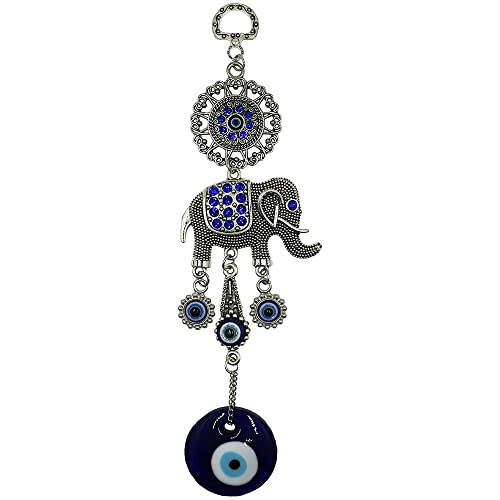 LUCKBOOSTIUM Evil Eye Flower & Elephant Pendant with Rhinestone Crystal - Symbol of Protection, Strength, and Blessing - Charming Home Ornament & Car Rear View Mirror Decor for Good Luck and Feng Shui - color: Silver 1