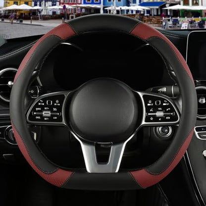 Microfiber Leather D Shaped Steering Wheel Cover, Breathable, Anti Slip, 13.5 inch to 14 inch, Black with Burgundy - color: Black Burgundy, size: D Shape-Small[13.5''-14'']