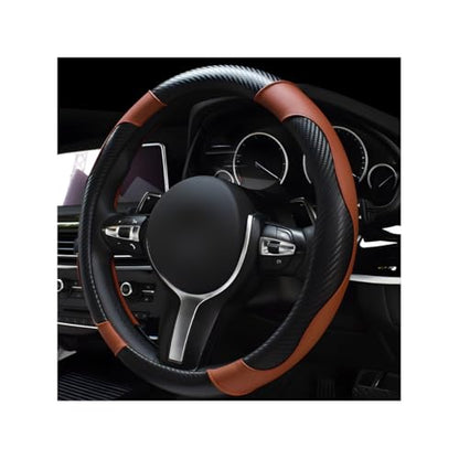 povtii Car Steering Wheel Cover, 15 Inch Leather Breathable Auto Steering Wheel Protector, Comfortable Non-Slip Vehicle Steering Wheel Covers, Universal Car Accessories (Coffee, with Lining) - color: Coffee, With Lining