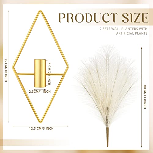 2 Pcs Boho Wall Decor Metal Gold Wall Art Hanging Planters with Artificial Pampas Modern Home Decor Display Art for Living Room Bedroom Bathroom(Rhombus) - style: Rhombus