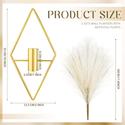 2 Pcs Boho Wall Decor Metal Gold Wall Art Hanging Planters with Artificial Pampas Modern Home Decor Display Art for Living Room Bedroom Bathroom(Rhombus) - style: Rhombus