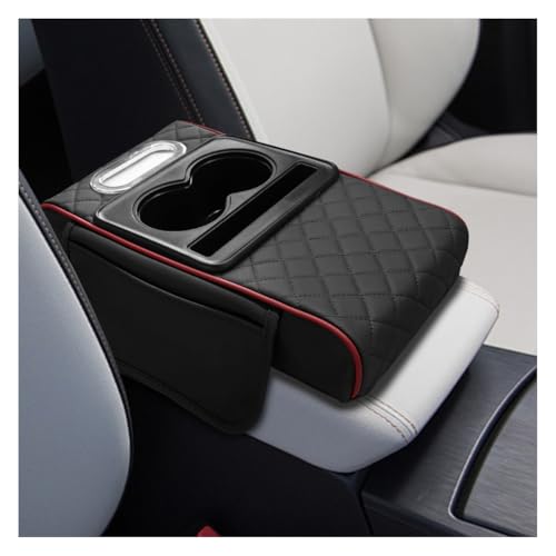 Leather Car Center Console Cover, Universal Automotive Armrest Booster Cushion, Vehicle Middle Console Organizer with 2 Cup Holders, Side Storage Bag, Tissue Box & Phone Slot(BlackRed) - color: BlackRed