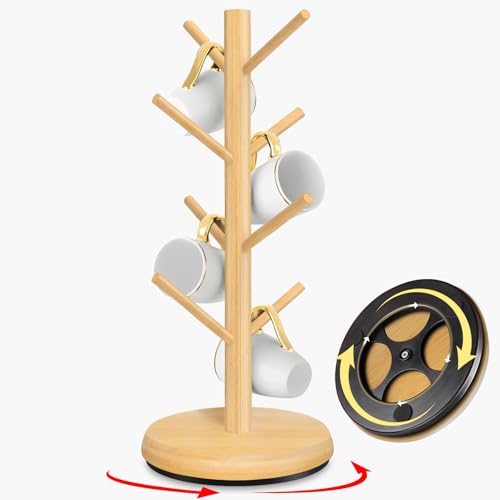 Mug Holder Tree,New Upgraded 360° Rotated 8 Hooks Coffee Cup Holder for Counter,Wood Coffee Mug Rack Standing for Coffe e Bar Accessories and Kitchen Home Organizer(Natural) - color: Natural