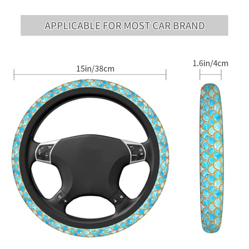 Swono Automotive Steering Wheel Covers Mermaid Scales Watercolor Blue and Gold Fish Scales Neoprene Car Wrap Cover Stretch-On Fabric Breathable Universal 15 Inch for Women Men - color: multi-065