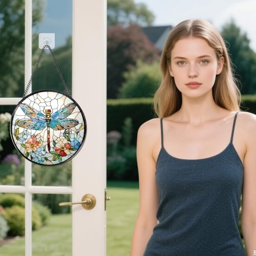 Rngmsi Dragonfly and Flower Stained Glass Window Hanging Gifts, 7.8″ Sun Catchers for Indoor Window Decor, Decorative Sun Catchers Home Wall Art Gift for Thanksgiving Christmas Housewarming