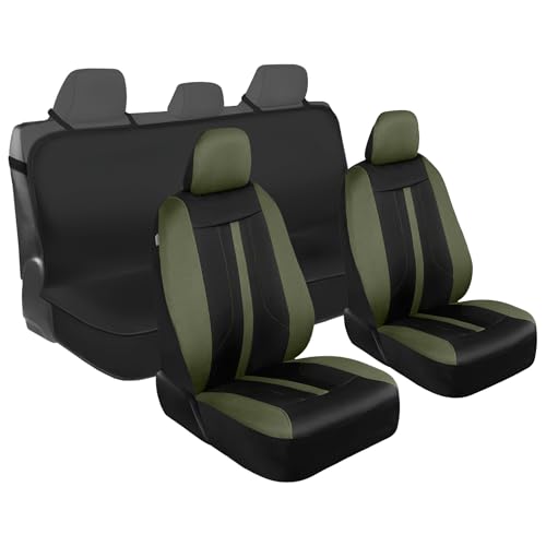 Motor Trend Front & Rear Car Seat Covers Full Set - Green Cloth Bucket Seat Covers for Front Seats + Waterproof Rear Split Bench Cover – Universal Fit for Car Truck SUV Van Interior Protection - color: Green-Full Set
