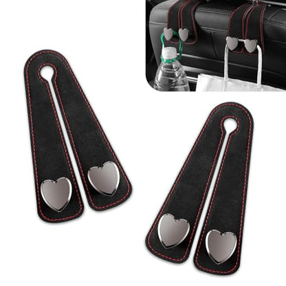2 PCS Car Seat Hooks, Suede Heart-Shaped Double Hooks Headrest Organizer, Heavy-Duty Multi-Functional Auto Back Seat Phone Holder, Universal for Most Cars (Black)