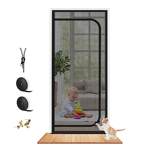 Dixutzi Reinforced Cat Screen Door Fits Door Size 30''x 80'', Heavy Duty Pets Proof Screen Door with Zipper, Prevent Dogs Cats Running Out from Home (Black Left-U) - color: Black Leftu, size: Fits Door Size up to 30''x80''