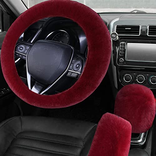 Cute Fluffy Steering Wheel Cover Set, Warm Soft Fur Fuzzy Steering Wheel Covers for Women/Girls,Universal 15 Inch 1 Set 8 Pcs Car Accessories (Wine Red) - color: Wine Red