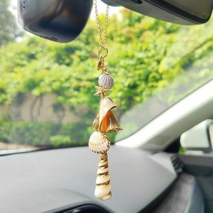 Sea Shell Rear View Mirror Accessories, Cute Seashells Chain Beach Decor Car Accessories for Men/Women, Boho Hanging Charms for Car Travel
