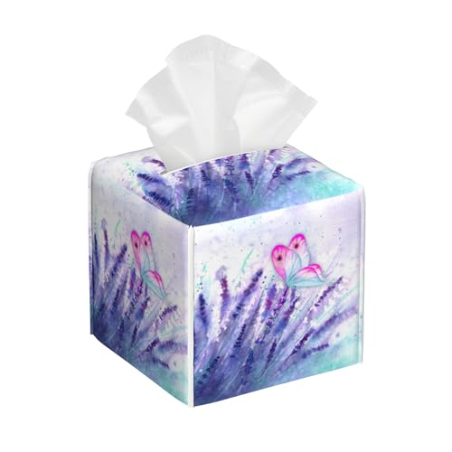 Purple Lavender and Butterfly Tissue Box Cover Square,Watercolor Lavender Flowers Tissue Box Holder Waterproof Leather Facial Paper Organizer Dispenser for Bathroom Home Car Nightstand Vanity Desk - color: Color-11
