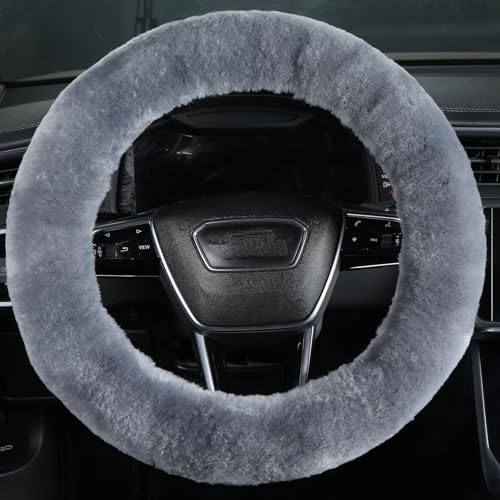 Fuzzy Wool Sheepskin car Steering Wheel Cover for Girls Women Men,Fluffy Soft Protector for Universal Steering Wheel 14 1/2-15 1/2inchs, Anti-Slip,Comforting Luxurious(Blue Grey)