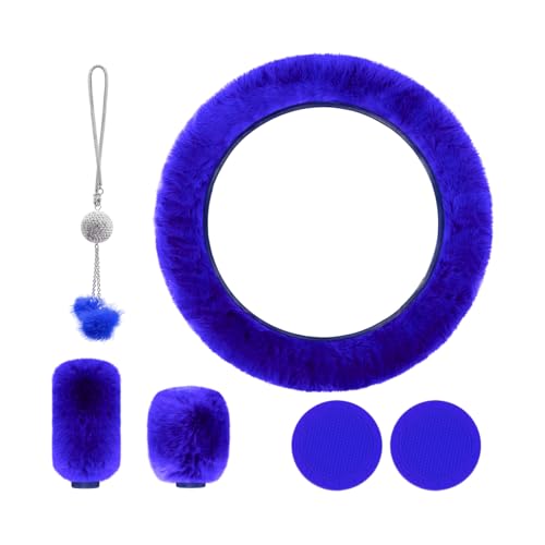 6 PCS Fluffy Steering Wheel Covers Set, 15 Inch Soft Steering Wheel Cover, Handbrake Cover & Gear Shift Cover & Cup Holder Coaster & Car Mirror Accessory, Car Accessories (Royal Blue) - color: Royal Blue