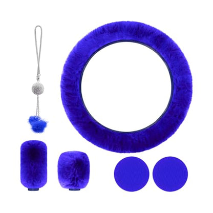 Yourkar 6 PCS Fluffy Steering Wheel Covers Set, 15 Inch Soft Steering Wheel Cover, Handbrake Cover & Gear Shift Cover & Cup Holder Coaster & Car Mirror Accessory, Car Accessories (Royal Blue) - color: Royal Blue