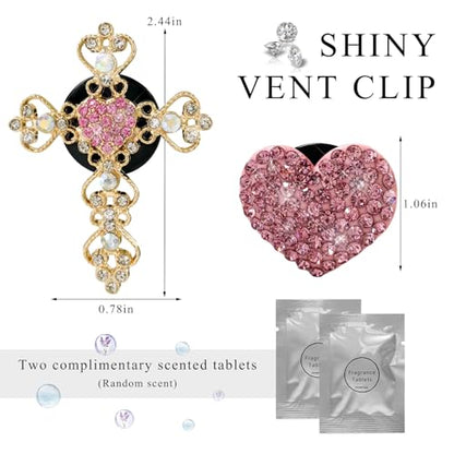 2 PCS Bling Car Vent Clip, Crystal Rhinestone Cross and Heart Car Air Fresheners Vent Clips, Diamond Car Air Conditioner Outlet Decoration Charm for Women, Car Accessories (Pink)