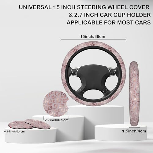 Rose Gold Leopard Print Steering Wheel Cover with 2 Pcs Car Coasters Neoprene Steering Wheel Cover for Women Men Anti-Slip Breathable Car Accessories Universal 15 Inch Fit Auto Cars Trucks - color: Rose Gold Leopard Print