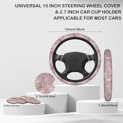Rose Gold Leopard Print Steering Wheel Cover with 2 Pcs Car Coasters Neoprene Steering Wheel Cover for Women Men Anti-Slip Breathable Car Accessories Universal 15 Inch Fit Auto Cars Trucks - color: Rose Gold Leopard Print