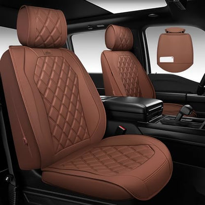 CAR PASS Luxury Nappa Leather Seat Covers Full Set, 3D Rhombus Waterproof Faux Leather Seat Covers, Universal Automotive Seat Cushion Fit for Most Sedan SUV Truck Van, Armrest Airbag Compatible Brown - color: brown