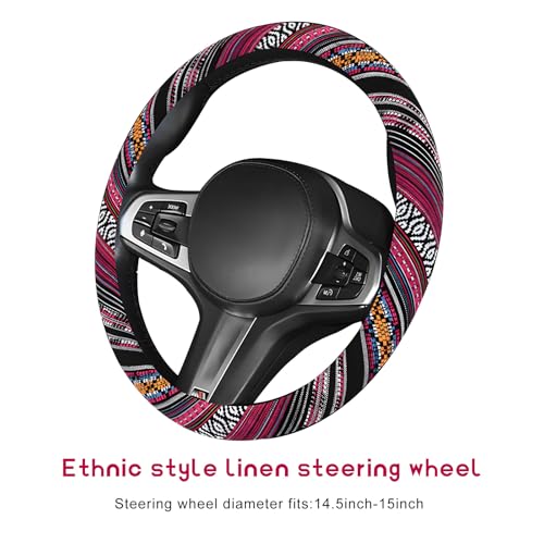 Boho Steering Wheel Cover, Anti-Slip Coarse Flax Cloth Ethnic Style Auto Wheel Cover, Breathable Boho Auto Steering Wheel Protector for Women Men, Car Accessories (Style J)