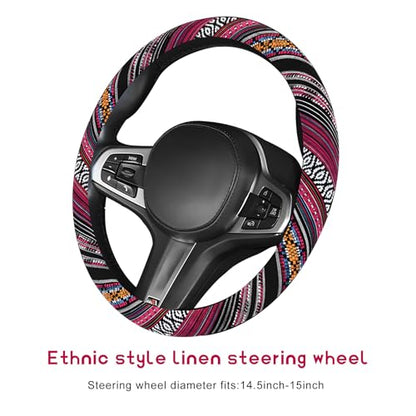 Boho Steering Wheel Cover, Anti-Slip Coarse Flax Cloth Ethnic Style Auto Wheel Cover, Breathable Boho Auto Steering Wheel Protector for Women Men, Car Accessories (Style J)