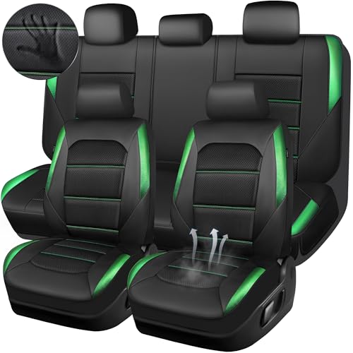 CAR PASS Memory 3D Foam Car Seat Covers Full Set, Breathable Mesh Thick Seat Covers for Car,Green Metal Film Leather Seat Covers, Universal Automotive Comfort for SUVs Trucks, Black Green - color: black/green, size: Full Set