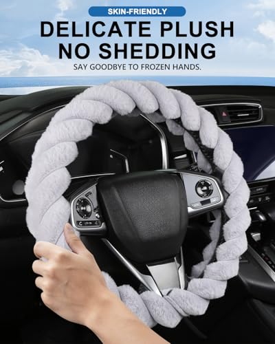 Fluffy Grey Steering Wheel Cover for Women Girls, Cute Plush Fuzzy 15" Universal Anti-Slip Breathable, Soft Warm Cozy for Teen College Student, Elegant Girly 14.5-15 Inch - color: Grey