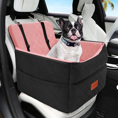 HEGGCOOE Dog Car Seat for Small Medium Dogs, Memory Foam Puppy Dog Booster Seat with Thick Cushion for Dogs Under 35lbs, Detachable Washable Pet Car Seat Travel Bed with Storage Pockets,2 Safety Belts - color: BlackPink