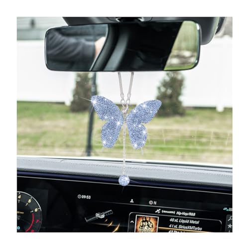 zipelo Bling Butterfly Diamond Car Accessories, Crystal Car Rear View Mirror Charms for Women, Car Decoration Lucky Gifts Hanging Interior Crystal Ornament Pendant Decor for All Cars (Light Blue) - color: Light Blue