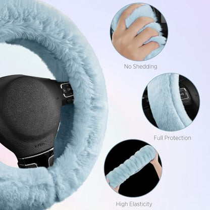 Road Comforts Steering Wheel Cover, Fluffy Car Wheel Covers for Women/Girls/Ladies，Soft Wool Fur Steering Wheel Protector, Universal 14 1/2 inches to 15 inches - Blue - color: Blue
