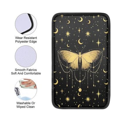 Gold Butterfly Moon Stars Car Center Console Cover,Car Armrest Cover Cushion,Universal Car Armrest Storage Box Car Interior Accessories - color: Gold Butterfly Moon Stars