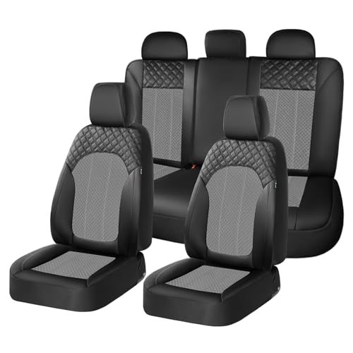 FLORICH Car Seat Covers Full Set Leather & Mesh Seat Cover 5 Seats Front and Back Car Interior Covers Automotive Seat Comfort Protection Accessories Universal Fit for Most Car SUV Truck, Gray&Black - color: Grey&Black, size: FullSet