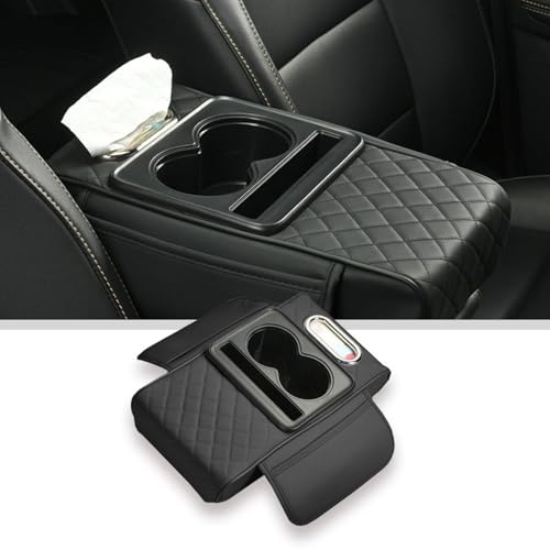 Car Armrest Cover With Cup Holder, Premium Leather Car Armrest Cushion And Tissue Box, Stable Car Center Console Organizer For Drinks, Phone And Small Accessories