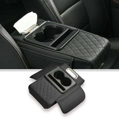 Car Armrest Cover With Cup Holder, Premium Leather Car Armrest Cushion And Tissue Box, Stable Car Center Console Organizer For Drinks, Phone And Small Accessories