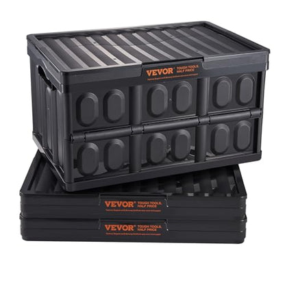 VEVOR 45L Collapsible Storage Bins with Lids 3 Packs, Stackable Utility Crates with Handles, Large Folding Containers for Organizing Tools, Snacks, Books, Food, Drinks, Camping & Transport