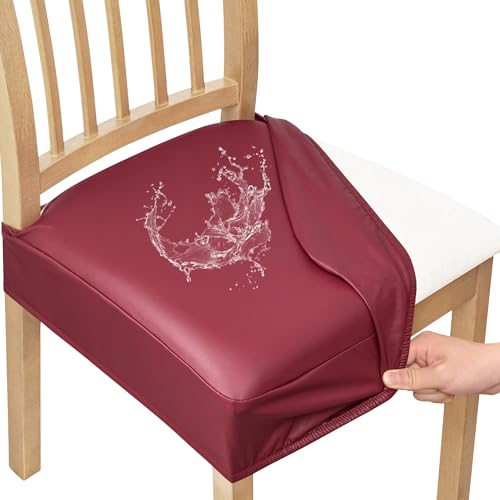 Smiry Waterproof Pu Leather Seat Covers for Dining Room Chairs Set of 2, Stretch Fit Removable Washable Kitchen Chair Seat Slipcovers Protector, No Rear Covers, Wine Red - color: Wine Red, size: Set of 2