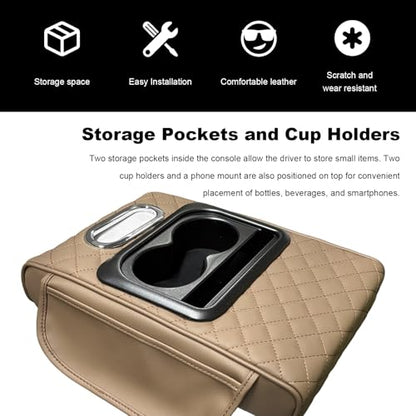 Car Center Console Armrest Pillow, Multifunctional Armrest Box Cover with Cup Phone Tissue Holder & Side Pockets, Waterproof Leather Middle Console Cushion for Most Vehicles (Beige, Embroidered) - color: Beige, size: Embroidered