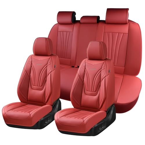 Coverado Car Seat Covers Full Set, 5 Piece Car Seat Protector with Lumbar Support & Removable Headrest, Breathable Leather Front Rear Seat Cushion Universal Fit for Truck Automotive Red - color: Lumbar-Red, size: Full Set