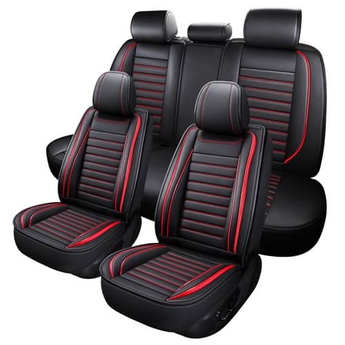 MINGBRON Leather Car Seat Covers Full Set, Universal Faux Leather Car Seat Covers 5 Seats, Automotive Seat Covers for Most Sedans SUVs Trucks, Front and Rear Seat Covers,Wine Red - color: RedA, size: 5 Seat Covers (Front & Rear)