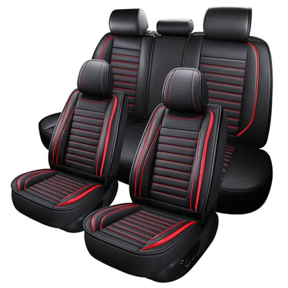MINGBRON Leather Car Seat Covers Full Set, Universal Faux Leather Car Seat Covers 5 Seats, Automotive Seat Covers for Most Sedans SUVs Trucks, Front and Rear Seat Covers,Wine Red - color: RedA, size: 5 Seat Covers (Front & Rear)