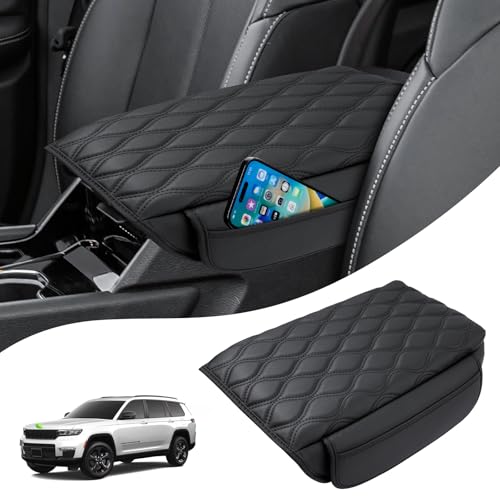 Autorder Center Console Cover for 2021-2025 2026 Jeep Grand Cherokee L Accessories Armrest Cushion Cover Nappa Leather Middle Console Covers Grand Cherokee L Console Cushion Pad Anti-Scratch - size: 21-26 Grand Cherokee L Armrest Cushion