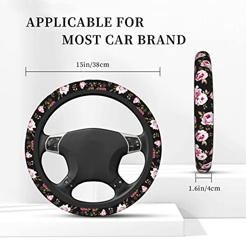 Peony Flower Steering Wheel Cover Women Men Elastic Stretch Soft Car Wheel Protector Universal Breathable No-Slip Car Accessories for Truck Van SUV Auto Fit 14-15 Inches