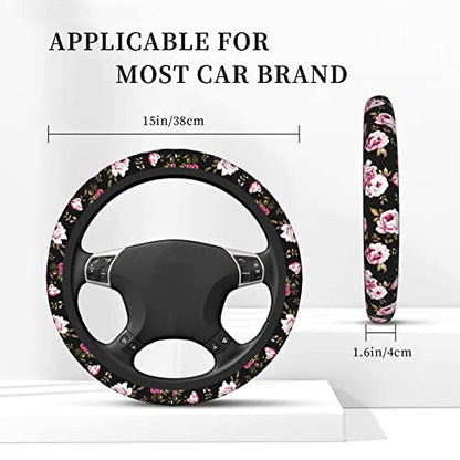 Peony Flower Steering Wheel Cover Women Men Elastic Stretch Soft Car Wheel Protector Universal Breathable No-Slip Car Accessories for Truck Van SUV Auto Fit 14-15 Inches