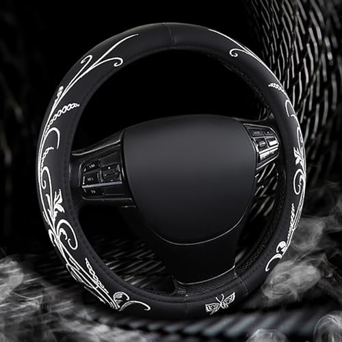 Car Leather Steering Wheel Cover - Panapi Material, Universal 14.5-15 Inch Leather Anti-Slip Breathable Auto Steering Wheel Covers for Men Women (Embroidery-White) - color: Embroidery-White