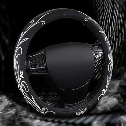 Car Leather Steering Wheel Cover - Panapi Material, Universal 14.5-15 Inch Leather Anti-Slip Breathable Auto Steering Wheel Covers for Men Women (Embroidery-White) - color: Embroidery-White