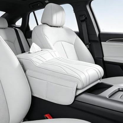 Car Armrest Pad, Universal Armrest Cushion Pad, Leather Armrest Box Pad (Without Cup Holder, White-B) - color: Without cup holder, White-B