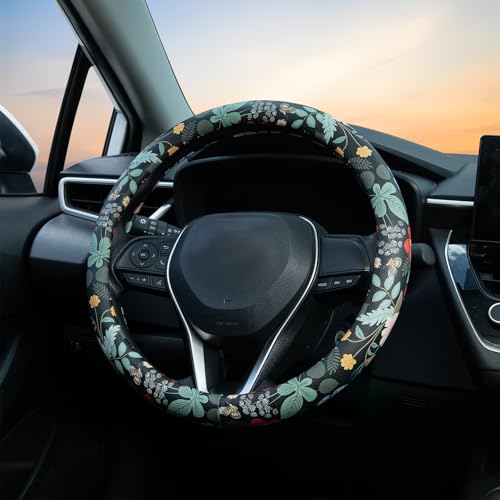 Flowers and Strawberries Steering Wheel Cover Auto Leather Steering Wheel Protector, Anti-Slip, Breathable, Absorbing Sweat, Universal Car Accessories 14.5–15 inch,Fit for Most Car, Trucks, SUV - style: Flowers and Strawberries