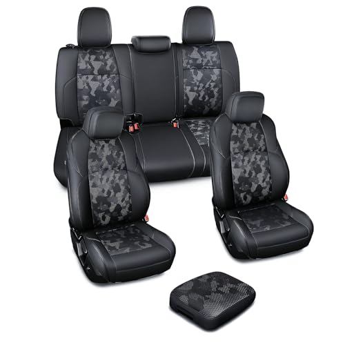 Leather Seat Covers Custom Fit for 2024-2026 Tacoma Gen 4th Double Cab - Fully Covered - Fit Like a Glove - Center Console Armrest Covers Included - Camouflage Black & Black Stitching